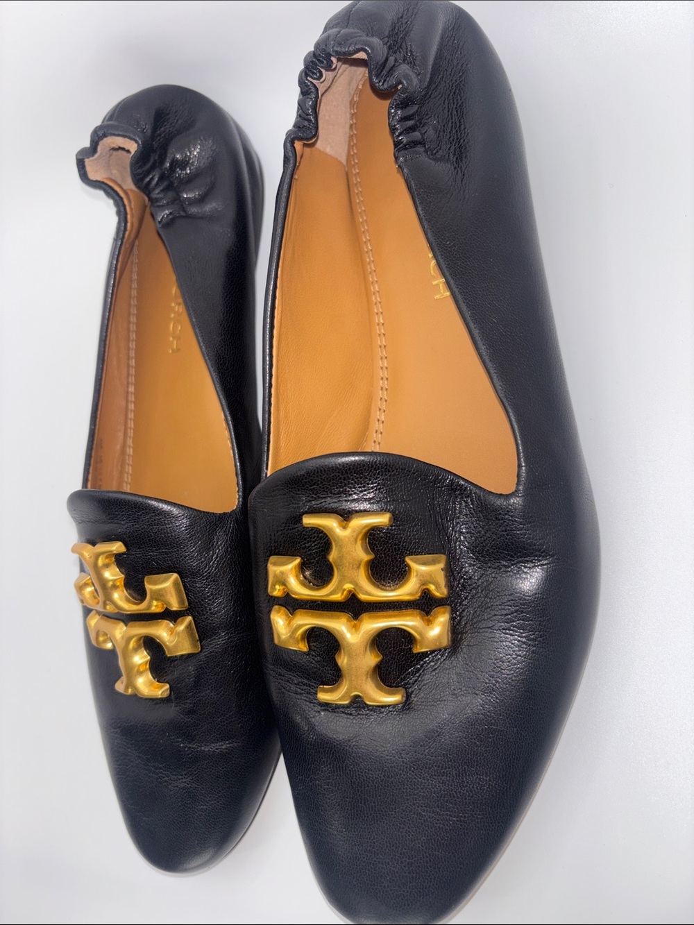 Tory Burch Black Leather Slip-On Loafers with Gold Logo - Picture 5 of 12